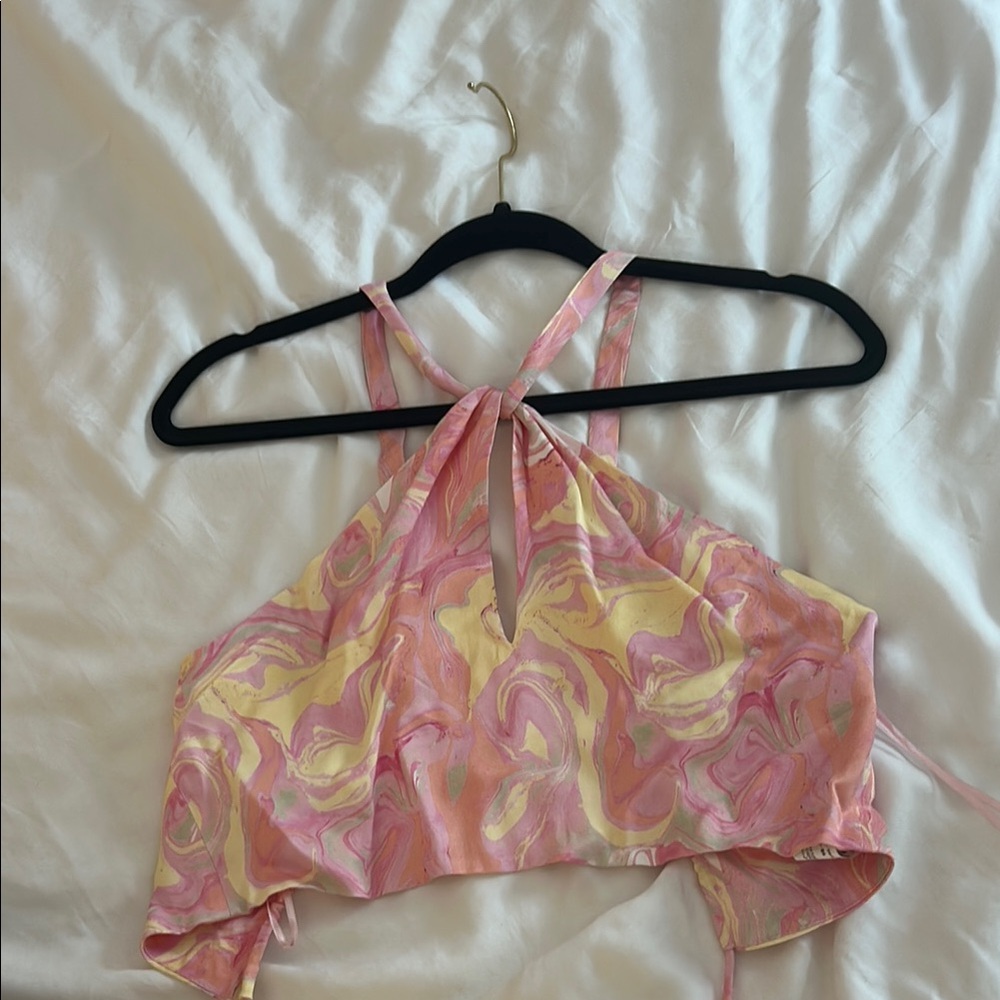 Zara Pink and White Tie Front Crop Tank Top